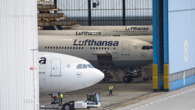 Lufthansa planes are seen park in a hangar, at Frankfurt Airport, in Frankfurt am Main, Germany, 12 March 2024